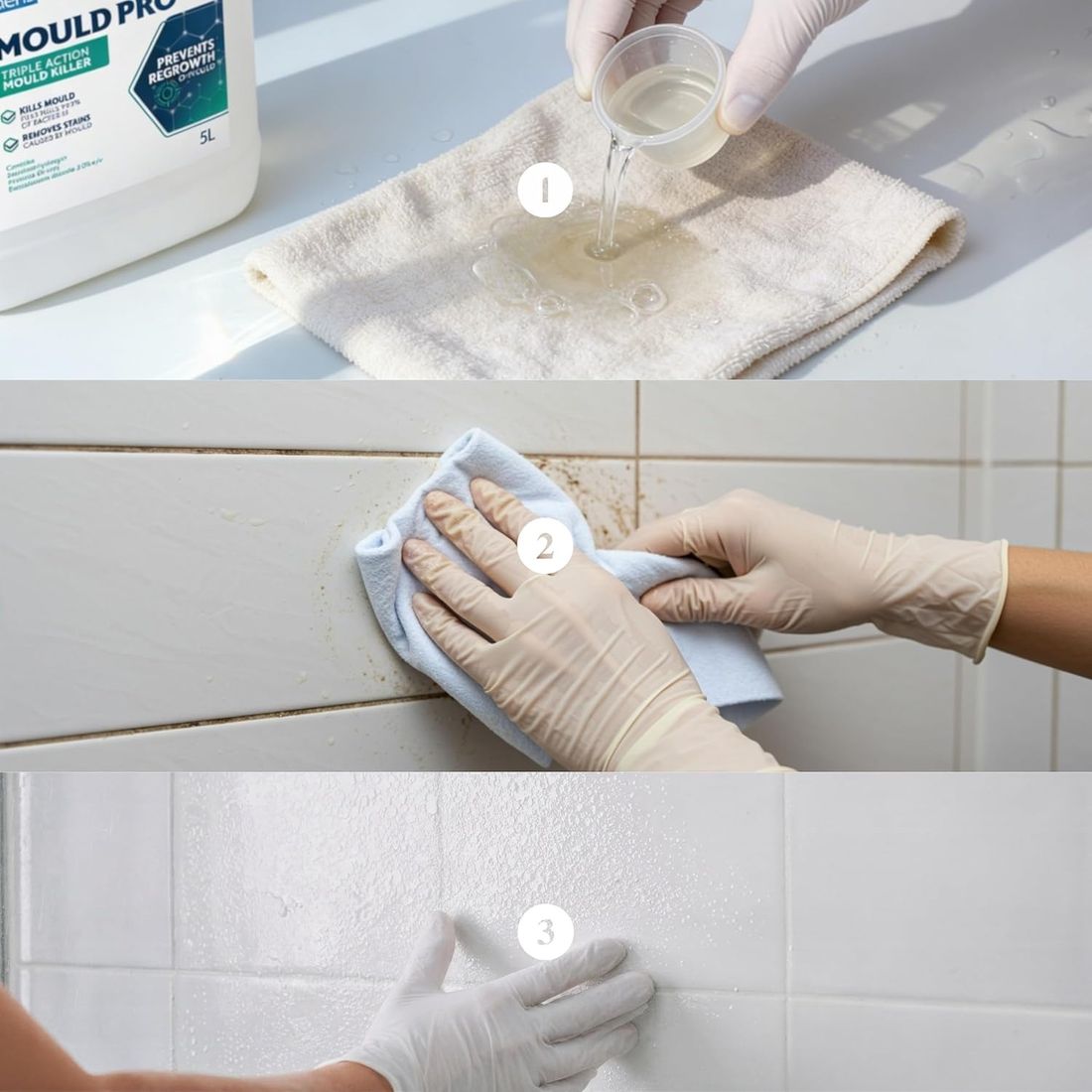 Three step mould removal process: apply to cloth, wipe the surface, allow to penetrate